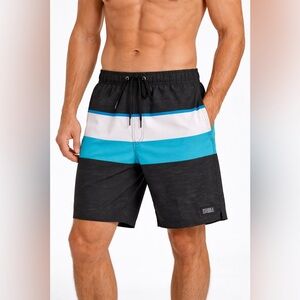 O’Neill Mens Swim Trunks Medium Black Blue Stripe Volley Stretch NWT